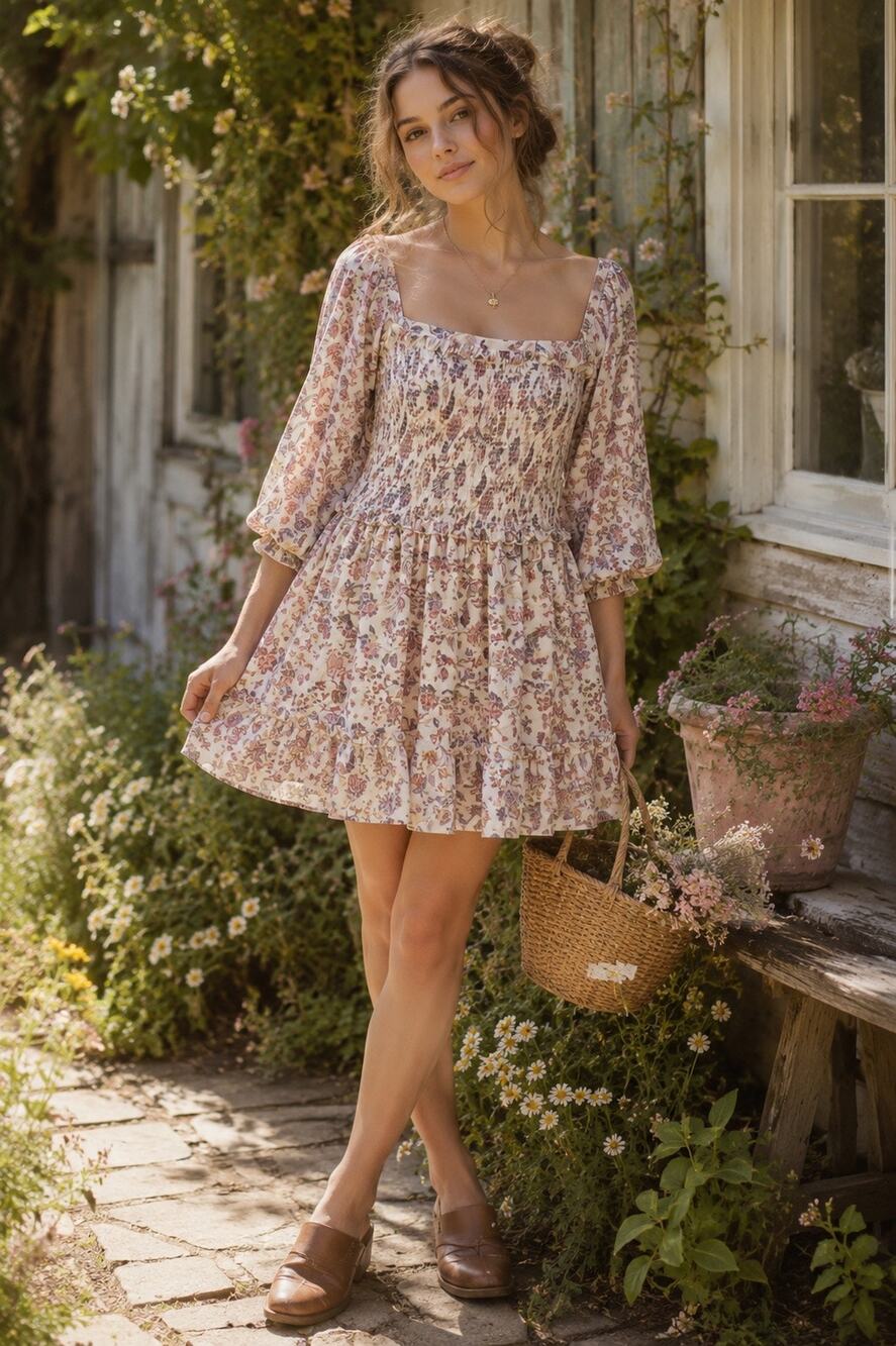 Super Natural by Secret Mission Floral Smocked Peasant Cottagecore Dress Size XL